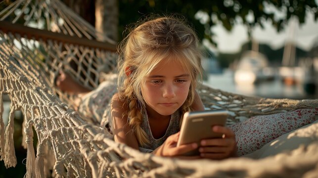 A young girl lying in a hammock, focused on her smartphone. The serene outdoor setting captures a moment of relaxation and curiosity, perfect for family, lifestyle, or technology themes.