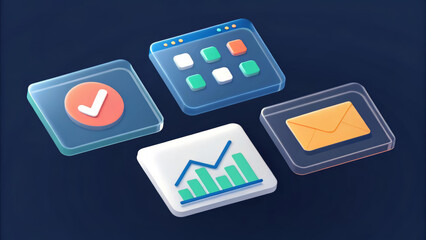 A curated selection of four stylized app icons, including task completion, data visualization, email, and a grid interface, displayed on a dark background