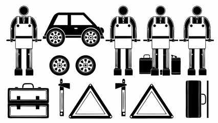 Illustration of mechanics with car, tires, toolboxes, axes, and warning signs in black and white style silhouette