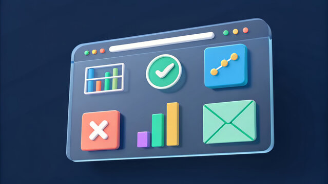 A 3d render of a digital dashboard interface with various application icons like email, charts, and task completion symbols on a dark background