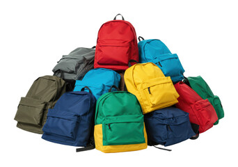 Colorful backpack pile display classroom setting product bright environment side educational concept. Cut out png