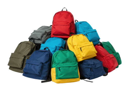 Colorful backpack pile display classroom setting product bright environment side educational concept. Cut out png