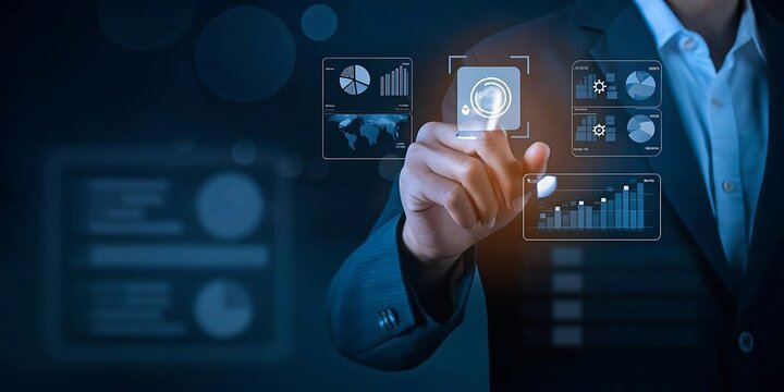 Person using a touch screen interface with financial data and world map visualizations business technology