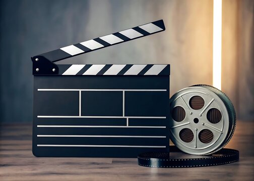 Film clapperboard and reel on a wooden surface, representing the movie industry, entertainment, video production, and the art of storytelling through cinema