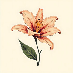 Obraz premium Beautiful Orange Lily Flower with Green Leaf on Beige Background