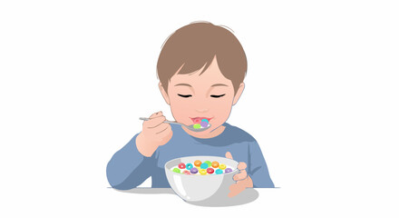 Young child enjoying a delicious bowl of colorful cereal for a healthy breakfast, smiling sweetly