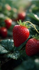 Ripe dewy strawberries in morning light