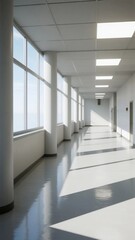 A long, empty corridor in a modern building with bright windows and white ceiling, allowing sunlight to cast shadows on the clean floor.