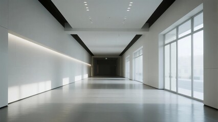 A modern empty corridor with bright lighting and large windows, featuring clean white walls and a minimalist design.