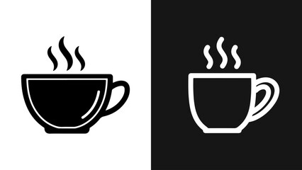 Vector illustration of steaming coffee or tea cups. Black hot drink icon on white background and white hot drink icon on black background, representing beverages.