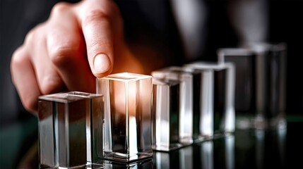 Hand placing clear cube business growth metaphor