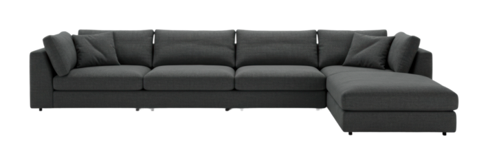 Cozy living room setup featuring modern l-shaped sofa urban apartment interior stylish ambiance perspective. Cut out png