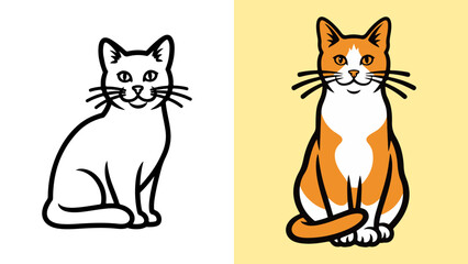 Two cheerful cat illustrations, one black and white outline and one orange and white, sitting side-by-side on a split background.