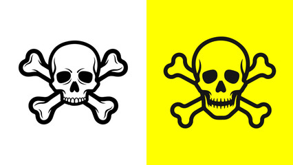 Skull and crossbones vector illustration, a classic symbol of danger, poison, or warning, presented on split white and yellow backgrounds.