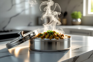 Delicious steaming meal in stainless steel container on kitchen counter