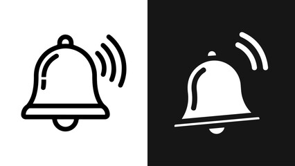 Notification bell icon in two styles: black outline on white and solid white on black, depicting an alert or ringing sound, vector illustration for UI/UX design.