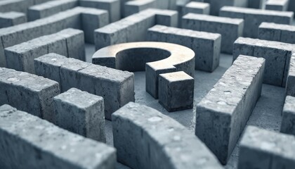 Metallic question mark within concrete maze suggests challenge, uncertainty, search for solutions. This conceptual image represents complex problems, decision making, journey to find way forward.