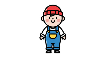 Obraz premium Cheerful cartoon boy in overalls and red hat, perfect for children's illustrations and designs