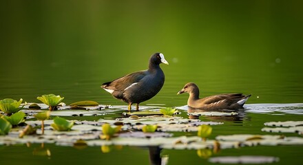 Two Aquatic Birds on Water Lilies: Graceful Wildlife in a Green Pond Setting, Captured in Nature.