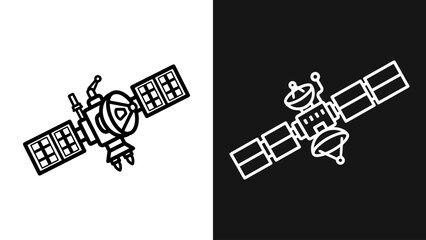 A vector icon illustration of a satellite with solar panels and antennas, presented in black and white line art style.