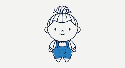 Adorable cartoon child in blue overalls smiling with a playful and cheerful expression