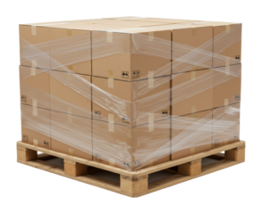 Warehouse shipping action stacked cardboard boxes on a wooden pallet in industrial environment. Cut out png