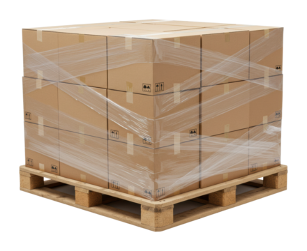 Warehouse shipping action stacked cardboard boxes on a wooden pallet in industrial environment. Cut out png