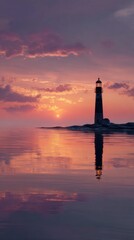 Serene lighthouse on a rocky islet, reflecting sunset colors in calm water