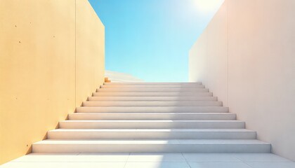 A staircase leading up to a bright blue sky between two walls of different colors in sunlight