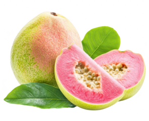 Whole and sliced pink guava fruit with leaves isolated on transparent background