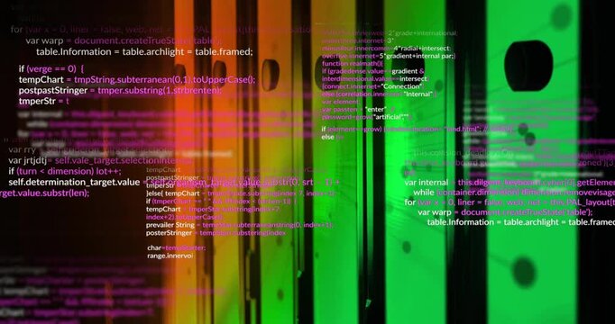 On start gradient panels emerging, magenta and white code scrolling overlaying panels for data flow