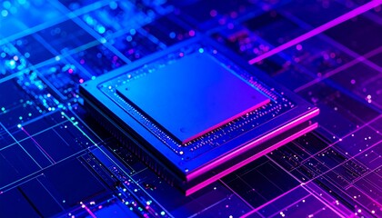 CPU Chip on Circuit Board with Neon Blue and Pink Lighting