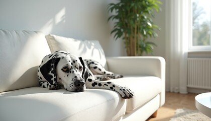 Dalmatian dog with black spots rests on white sofa in minimalist living room. Bright natural light, green plant, cozy cushion create comfortable, stylish home decor. Relaxed pet lifestyle.