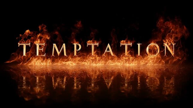 TEMPTATION spelled in fire font letters - burning type treatment of word or phrase - christian religious sign concept - flames surround letters text on black background