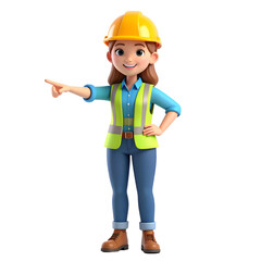 Cartoon Construction worker pointing: A female construction worker in a safety helmet and reflective vest, pointing towards something, embodying construction and infrastructure in an animated style.