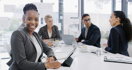 Portrait, business and meeting with woman in office for career pride, about us and accounting company. Smile, female person and tablet with team, financial report and budget planning for investment