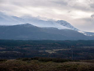 The Nevis Range from the Commando Memorial viewpoint above Spean Bridge to the north. Featuring Aonach Mor with it's ski slopes, undulating Carn Mor Dearg, and Ben Nevis with it's summit under cloud.