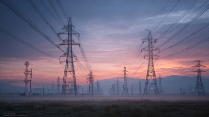 Fototapeta premium Sunrise power lines over field