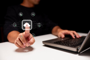 A person interacts with a laptop, using a fingerprint scanner for secure access in a digital environment, highlighted by graphic icons.