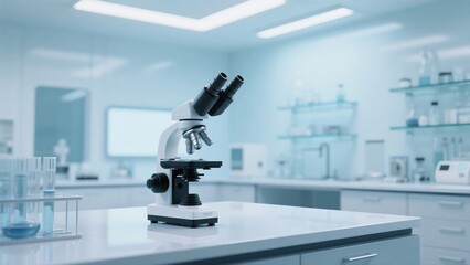 A microscope sits on a clean lab bench, part of a modern scientific research environment with various lab equipment and instruments visible in the background.
