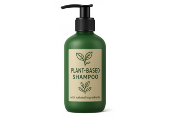 Green plant-based shampoo bottle with pump dispenser on transparent background