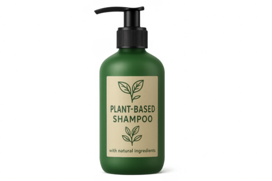 Green plant-based shampoo bottle with pump dispenser on transparent background