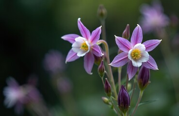 Fototapeta premium Macro photo shows two pink Crimson Star Columbine flowers blooming in garden. Delicate petals with white centers and yellow stamens. Buds are visible on stem. Soft focus dark green background.