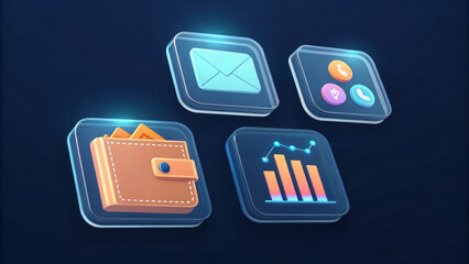 Collection of modern 3d app icons including finance, communication, and analytics, presented on a dark background