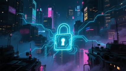 Neon-lit lock symbolizes security in a futuristic cyber city with digital connections and urban infrastructure.