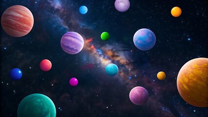 Fototapeta premium A colorful cosmic symphony planets and stars dance in the galaxy, creating an abstract and dreamy background for science, astronomy, and fantasy exploration