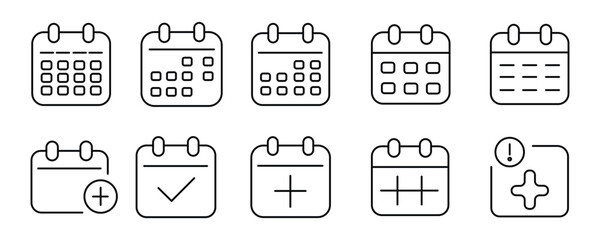 calendar line icon set vector on white background. date, event, schedule, planning, agenda, reminder, appointment, time, management, organizer, symbol.