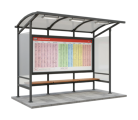 Public transport bus stop with timetable display urban setting daylight perspective city mobility. Cut out png