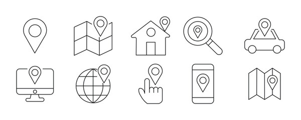 location line icon set vector on white background. map, pointer, navigation, travel, gps, symbol, icon, sign, marker, destination, position, place, pinpoint, route, internet, mobile, search, symbol.