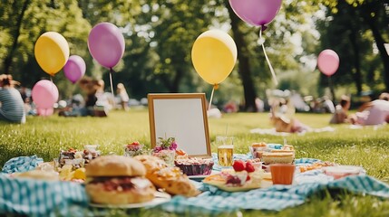 A joyful picnic with food and balloons on green grass